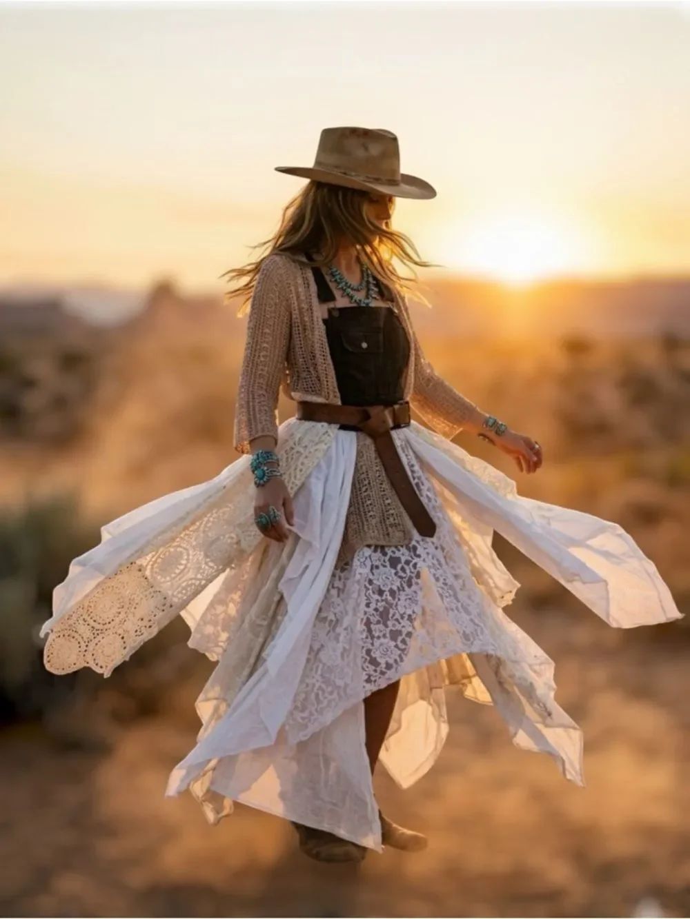 Tan Linen & Ivory Lace Long Duster Vest - Boho Western Festival OOAK